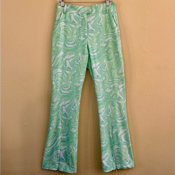 House Of Sunny “Paradise Party” Flare Leg Pants Green Marble Print Size 6 EUC! - Picture 7 of 12